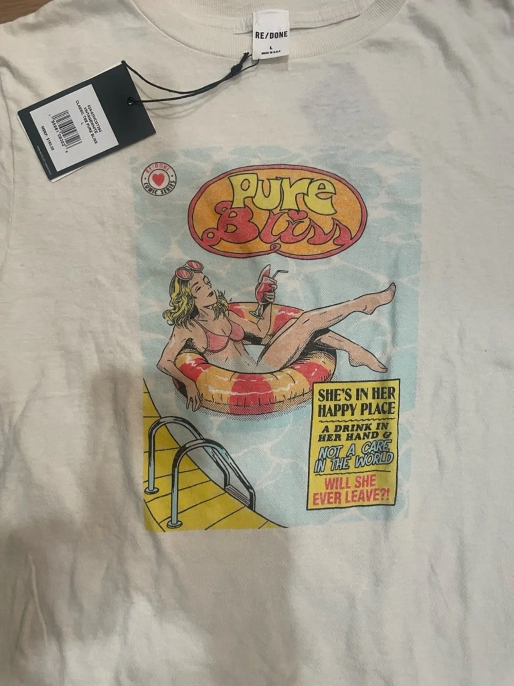 Re/Done Off White Graphic Tee with Multicolor Retro Pool Print - Picture 2 of 4